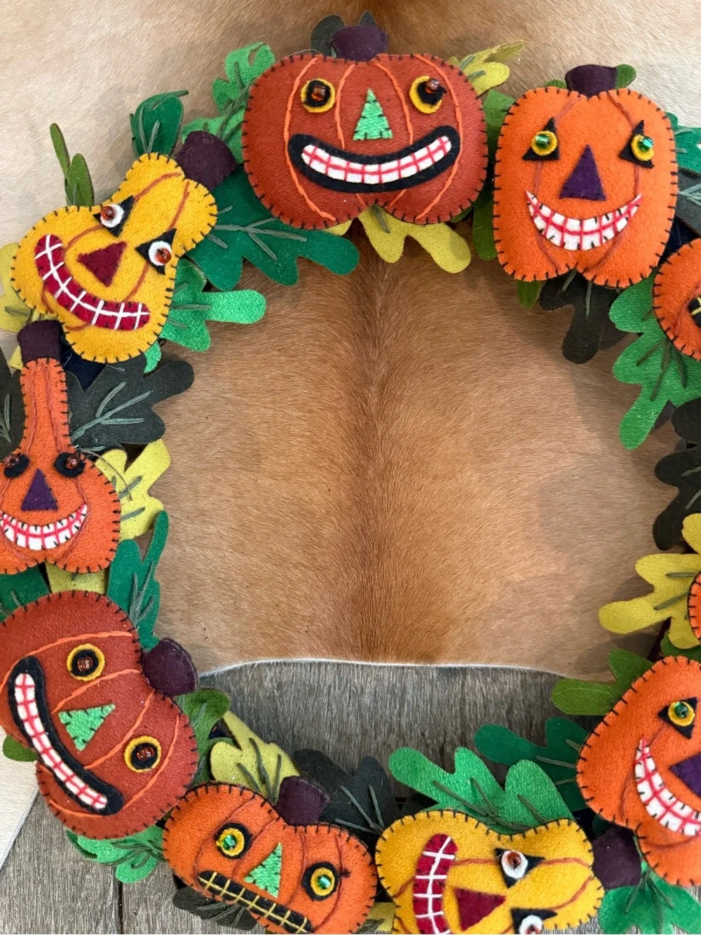 Pumpkin Felt Fall Halloween Wreath - Orange & Green